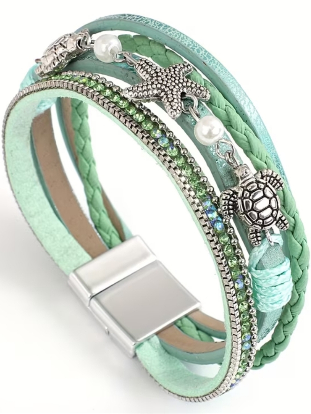 Beach Charm Mint Green Multi-Strand Bracelet with Turtle & Starfish